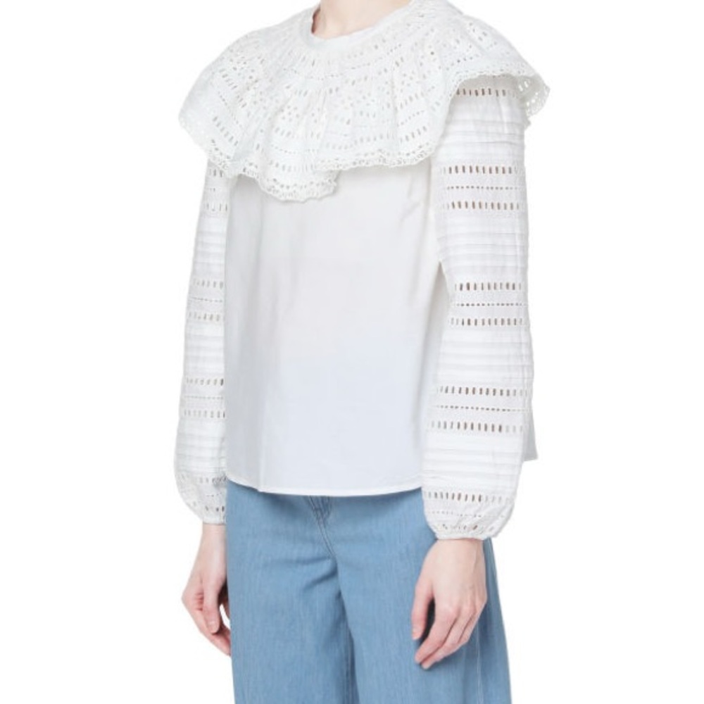 Retail 658$ Sea New York White Lace Ruffle Yoke Eyelet Sleeve Blouse